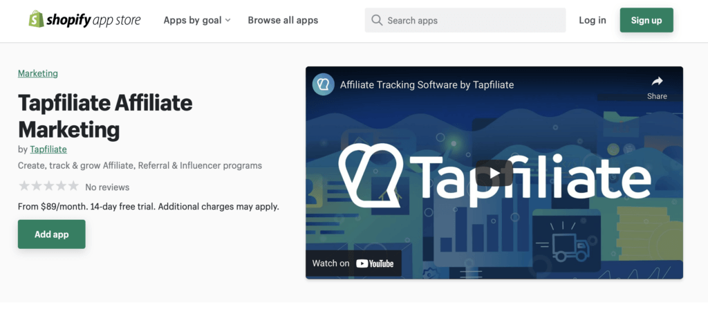 Tapfiliate Shopify listing