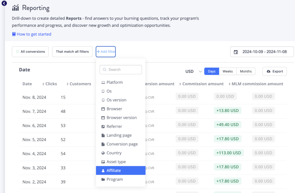 Affiliate Tracking Software: Tapfiliate Filetrs