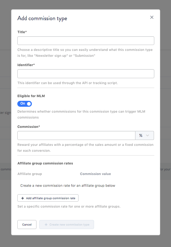 Screen showing where you can add different commission types in Tapfiliate