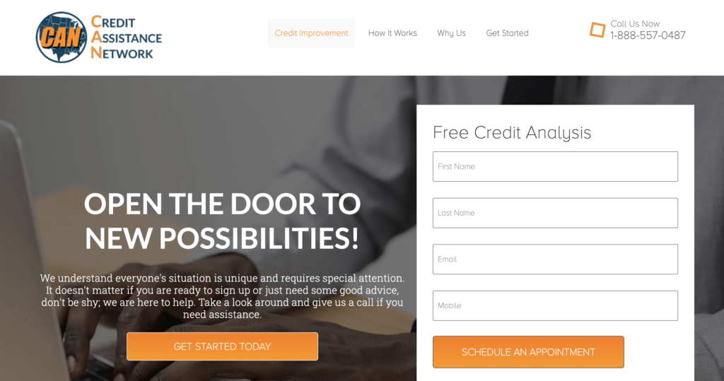 Credit assistance network landing page