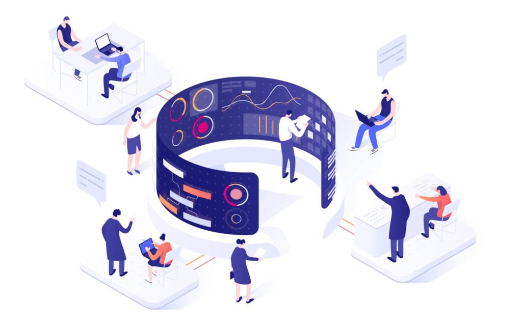 Illustration of data with people looking at it