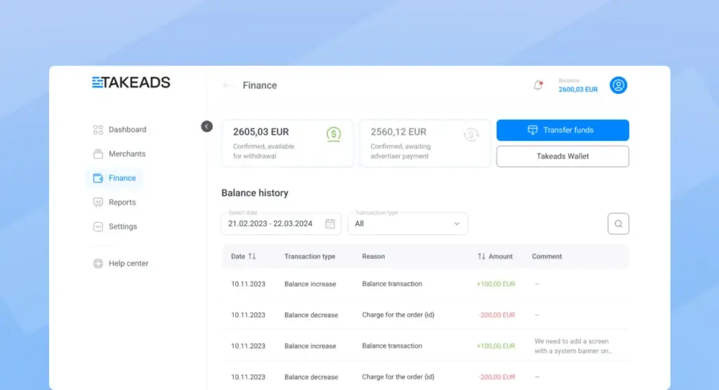 Takeads Finance tracking