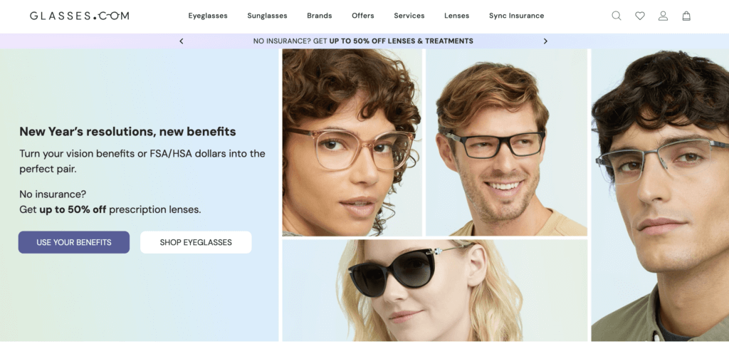 Glasses.com homepage
