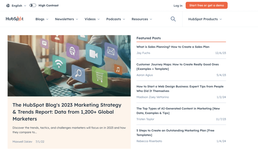 HubSpot blog page