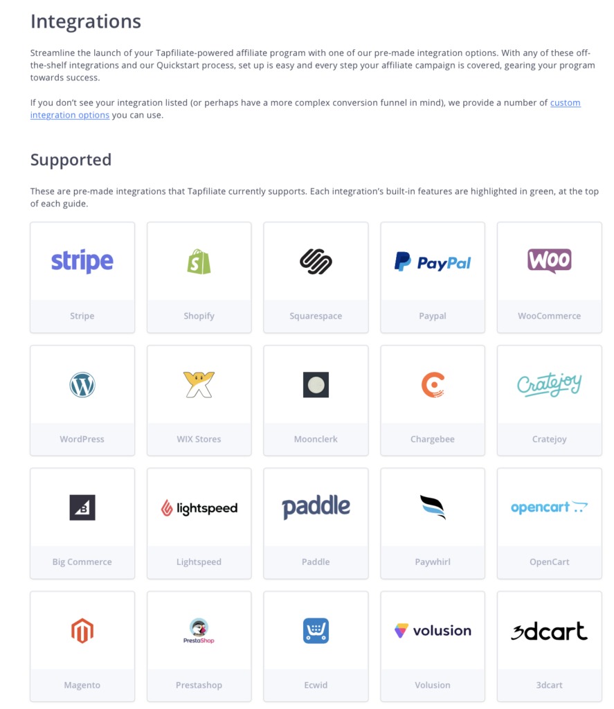 Some of Tapfiliate's available integrations