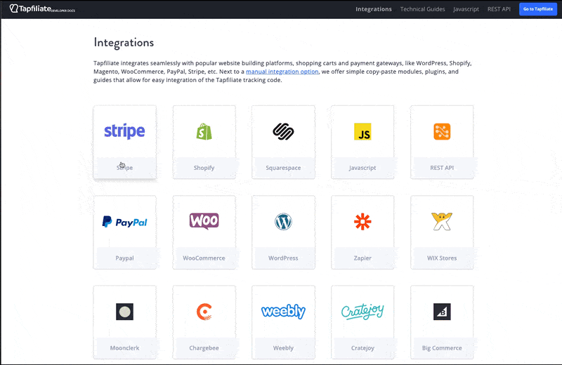 Example of some of Tapfiliate's integrations