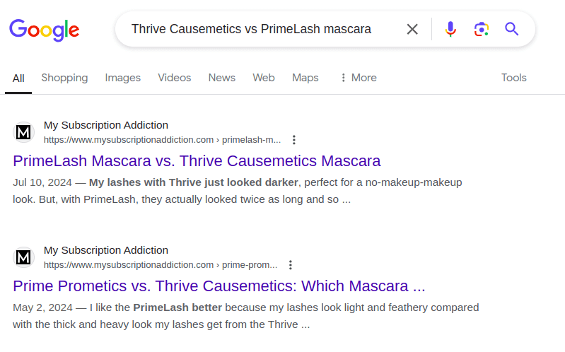 Long-tail keyword SERP is dominated by smaller sites