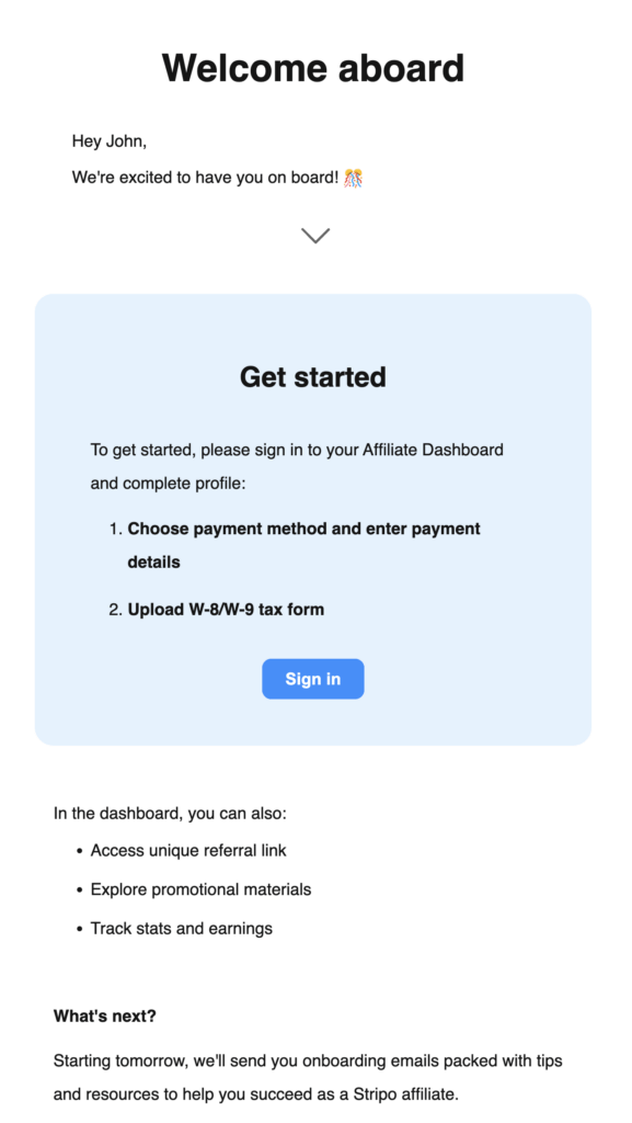 Onboarding Affiliate Email