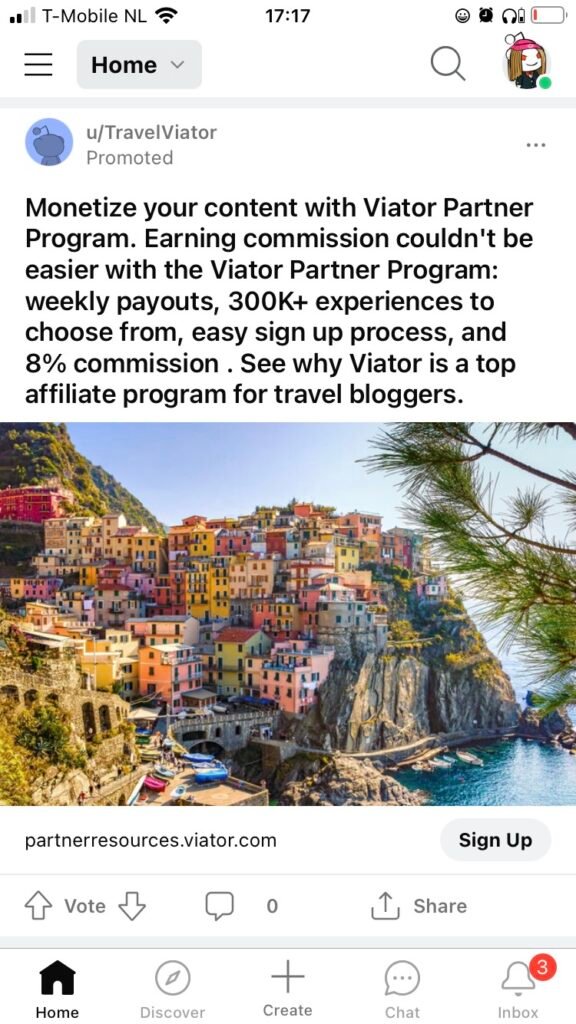 Viator social ad on Reddit