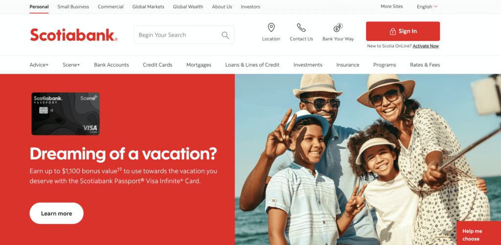 Scotiabank credit card landing page