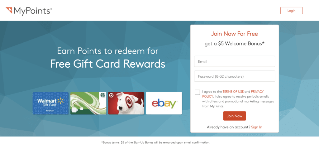 MyPoints cashback website homepage