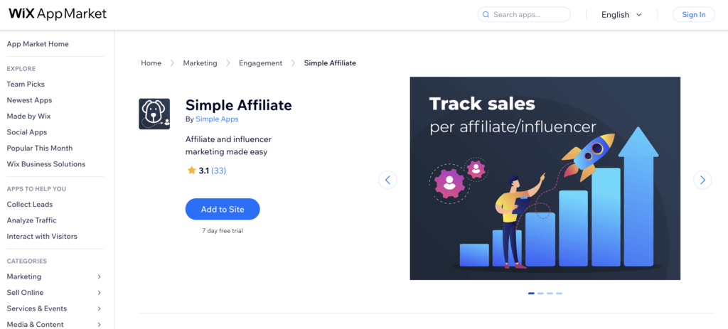 Screenshot of simple affiliate wix plugin