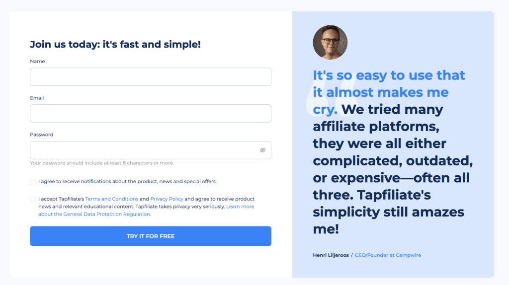 Tapfiliate: Free Trial