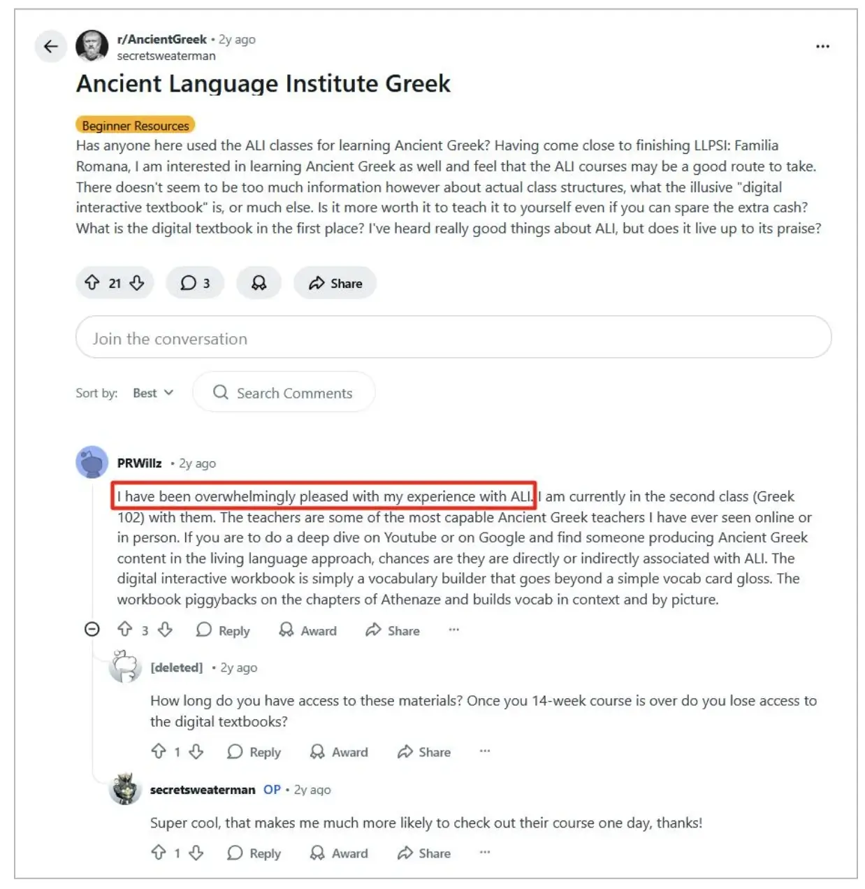 Reddit comment about ALI’s course