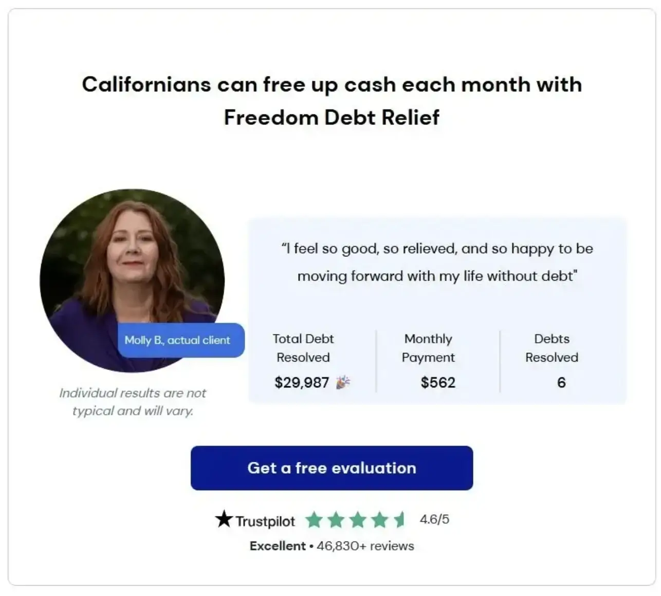 Review from a satisfied customer on the Freedom Debt Relief page