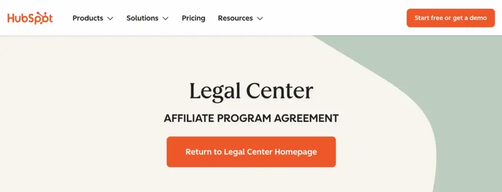 Hubspot affiliate program agreement page