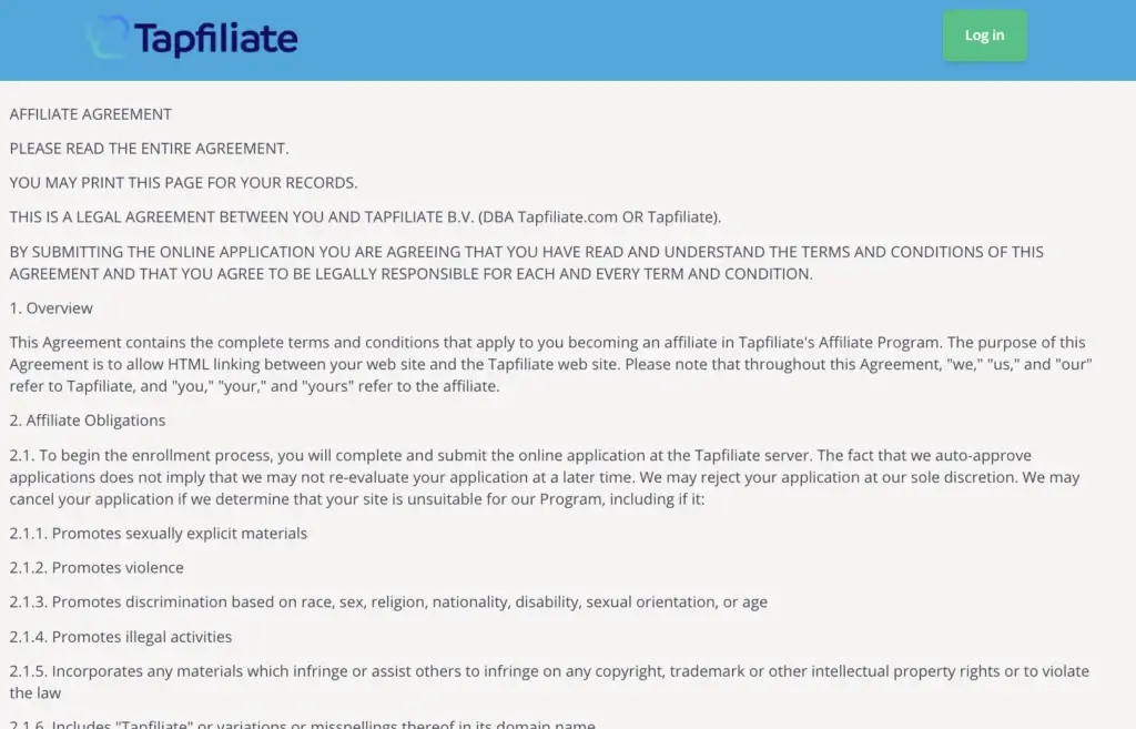 Tapfiliate's affiliate program: Terms and conditions