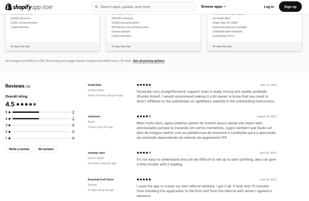 Tapfiliate reviews on Shopify App Store
