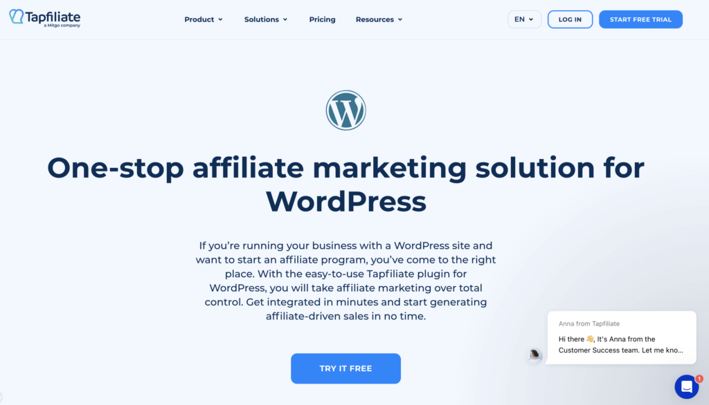 Tapfiliate wordpress landing page