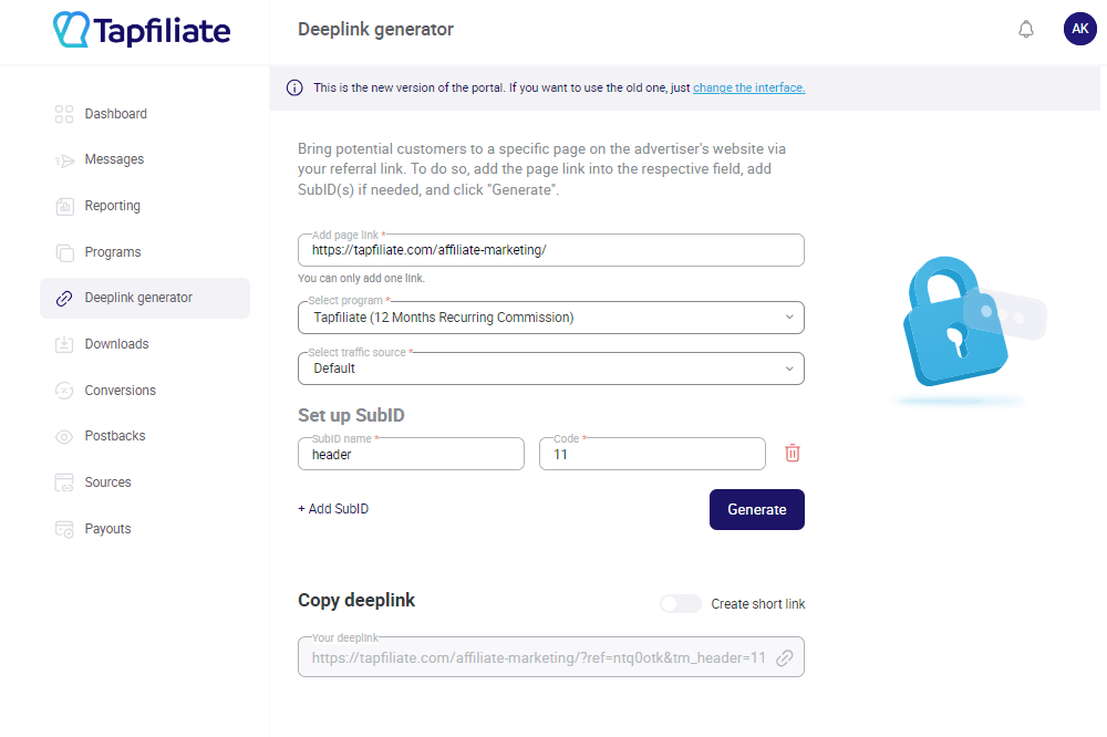Tapfiliate Deep Links Generator