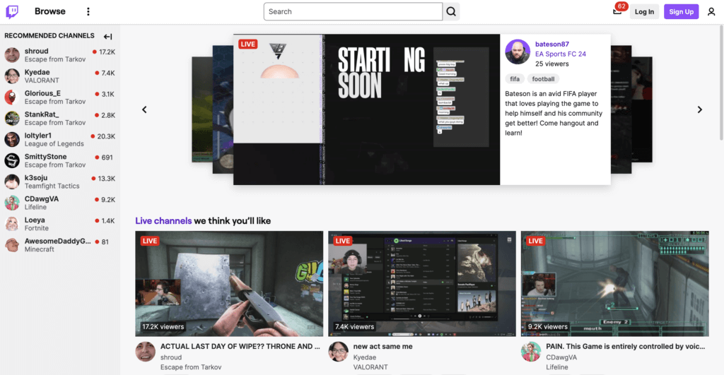 Twitch homepage