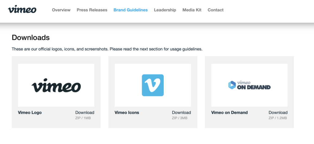Vimeo brand guidelines including logos and icons