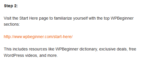 WPBeginner welcome email with steps to follow
